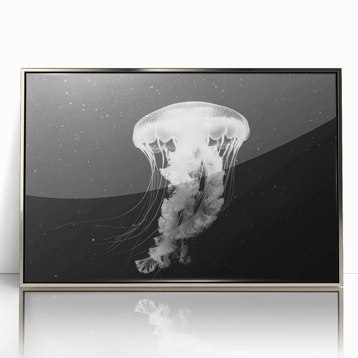 Framed acrylic wall art featuring a mesmerizing jellyfish design in vibrant colors, elegantly displayed with a silver frame, perfect for marine life enthusiasts.
