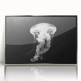 Framed acrylic wall art featuring a mesmerizing jellyfish design in vibrant colors, elegantly displayed with a silver frame, perfect for marine life enthusiasts.