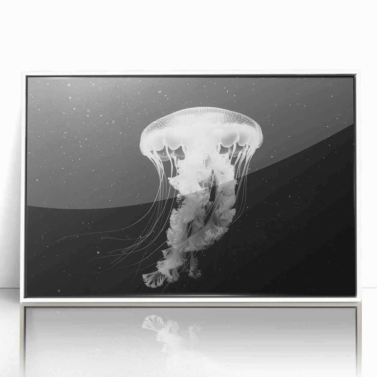Framed wall art featuring a vibrant jellyfish design in shades of blue and purple, showcasing marine life with a sleek white frame, perfect for ocean-themed decor.