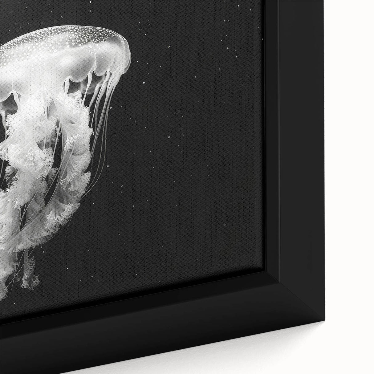 Close-up of a vibrant jellyfish design wall art piece, featuring intricate details and vivid colors, framed in a sleek black frame, perfect for marine life enthusiasts.