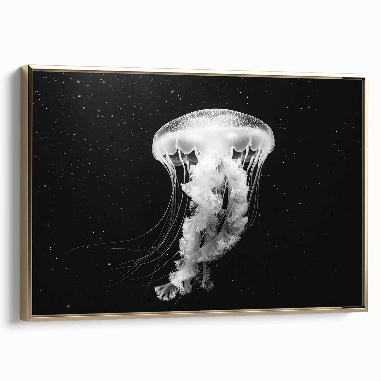 Framed canvas wall art showcasing a vibrant jellyfish design, featuring shades of blue and gold, perfect for marine-themed decor in modern settings.