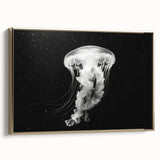 Framed canvas wall art showcasing a vibrant jellyfish design, featuring shades of blue and gold, perfect for marine-themed decor in modern settings.