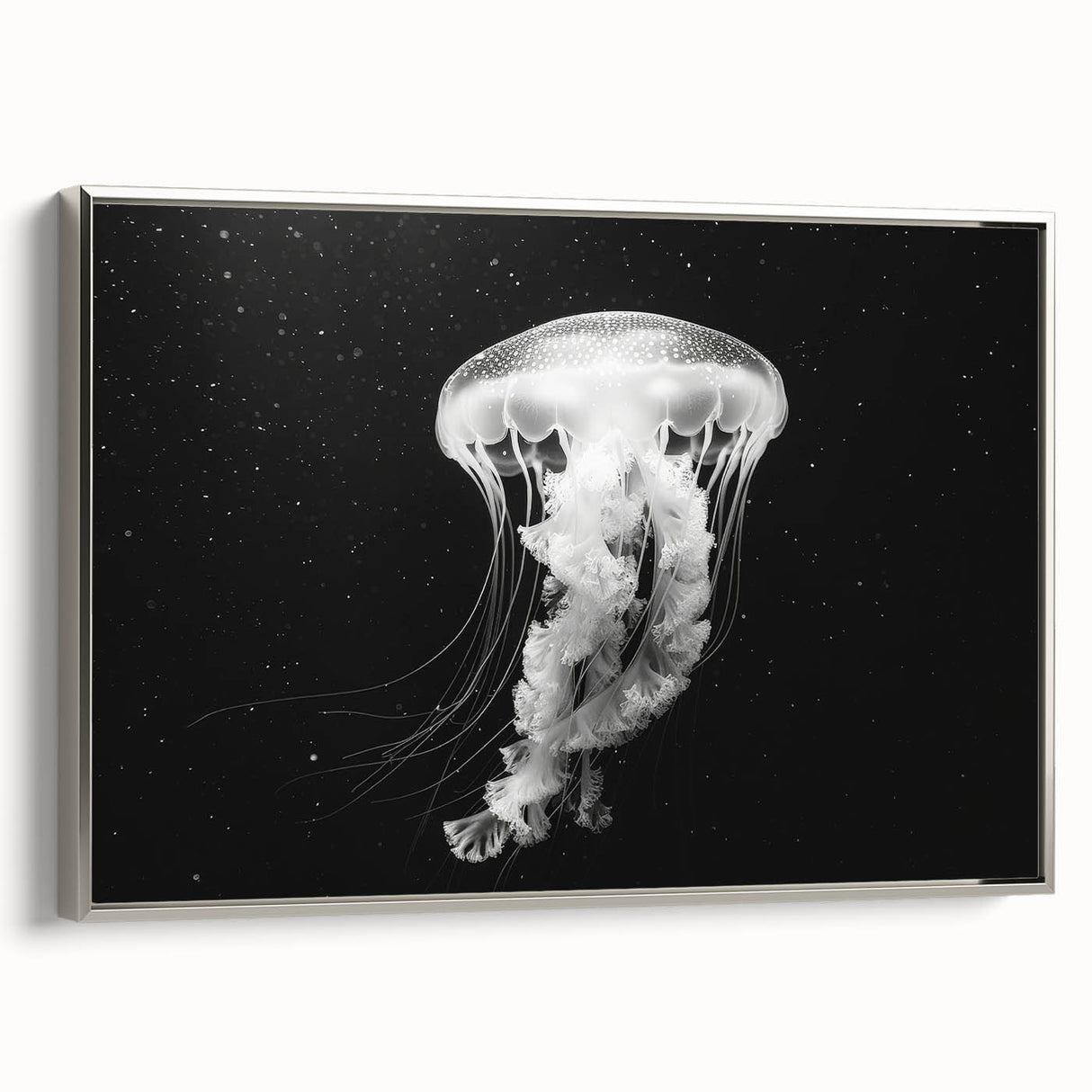 Framed wall art featuring a vibrant jellyfish design in hues of blue and purple, set against a sleek silver frame, ideal for marine-themed decor.