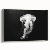 Framed wall art featuring a vibrant jellyfish design in hues of blue and purple, set against a sleek silver frame, ideal for marine-themed decor.