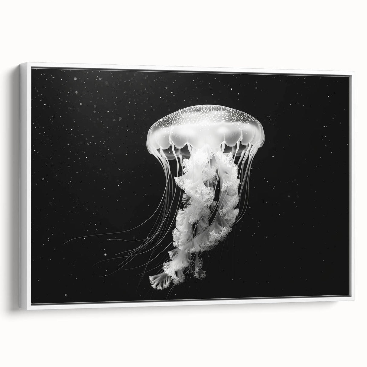 Framed canvas wall art showcasing a vibrant jellyfish design in shades of blue and purple, set against a white background, perfect for ocean-themed decor.