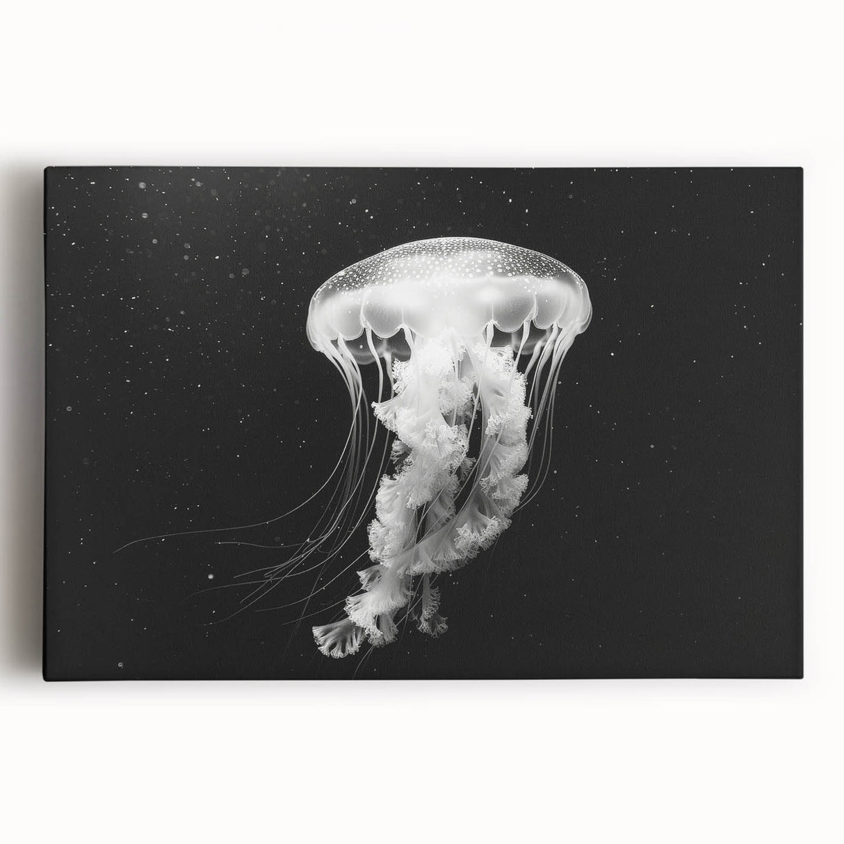 Vibrant jellyfish wall art design on stretched canvas, showcasing colorful marine life against a soft gradient background, perfect for ocean-themed decor.
