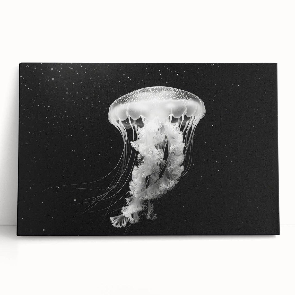 Vibrant jellyfish wall art design on stretched canvas, showcasing intricate details and soft colors, perfect for marine-themed decor in homes or offices.