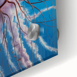 Close-up of a vibrant jellyfish wall art design, showcasing intricate details and colors in an acrylic glass frame, perfect for marine life enthusiasts.