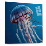 Marine life-themed wall art featuring a vibrant jellyfish design, beautifully displayed in a sleek acrylic frame, emphasizing its colorful details and oceanic inspiration.