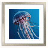 Framed wall art featuring a stunning jellyfish design in vibrant colors, encased in a sleek silver frame with a mat, perfect for marine life enthusiasts.