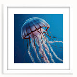 Framed wall art featuring a stunning jellyfish design in vibrant colors, set against a white mat, perfect for marine life enthusiasts and modern decor.