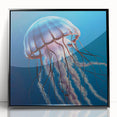 Framed acrylic wall art featuring a vibrant jellyfish design in shades of blue and purple, set against a sleek black frame, ideal for marine life enthusiasts.