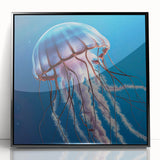 Framed acrylic wall art featuring a vibrant jellyfish design in shades of blue and purple, set against a sleek black frame, ideal for marine life enthusiasts.