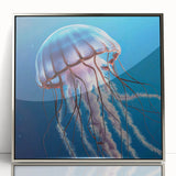 Framed acrylic wall art featuring a vibrant jellyfish design in hues of blue and purple, set in a sleek silver frame, ideal for marine-themed decor.