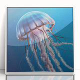 Framed acrylic wall art showcasing a vibrant jellyfish design in a marine life theme, featuring a sleek white frame that enhances its colorful display. Perfect for ocean lovers and home decor enthusiasts.