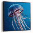 Framed wall art featuring a vibrant jellyfish design in shades of blue and purple, showcasing intricate details and textures, perfect for marine life enthusiasts.