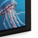 Close-up of a framed canvas wall art piece showcasing a vibrant jellyfish design, featuring flowing tentacles in shades of blue and purple, perfect for marine life enthusiasts.