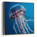 Framed canvas wall art featuring a colorful jellyfish design, showcasing intricate details and a gold frame, ideal for marine life enthusiasts and modern decor.