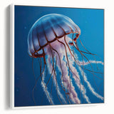Elegant wall art featuring a vibrant jellyfish design in shades of blue and white, framed for a modern touch. Perfect for marine life enthusiasts seeking unique decor.