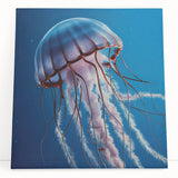Vibrant jellyfish wall art design on a stretched canvas, showcasing intricate details and soft pastel colors, perfect for marine-themed decor or ocean lovers.