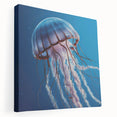 Stretched canvas wall art featuring a vibrant jellyfish design in shades of blue and purple, showcasing marine life details for ocean-themed decor. Ideal for adding a serene touch to living spaces.