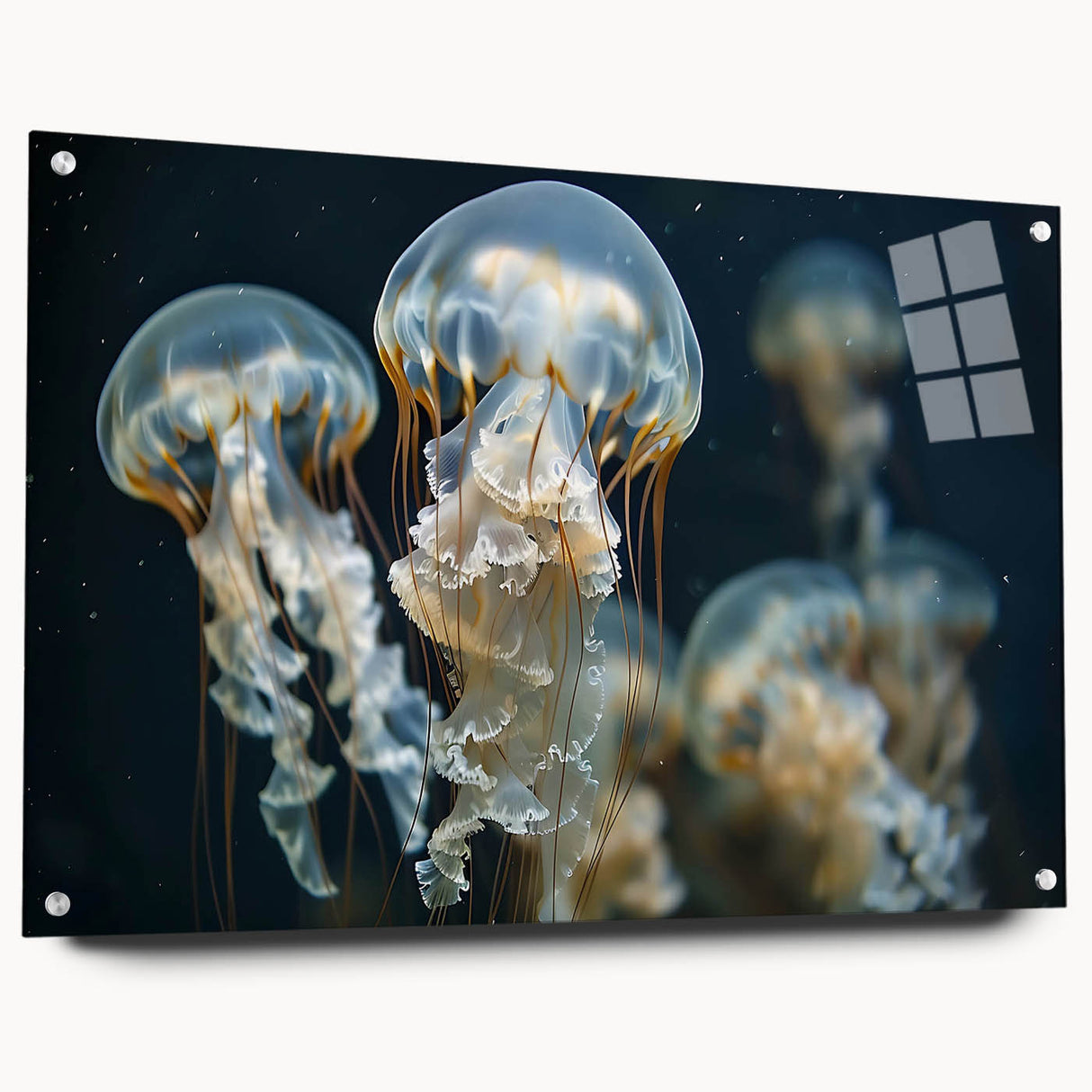 Acrylic wall art featuring a vibrant jellyfish design, showcasing intricate details and colors. Side view highlights its sleek finish and mounting pins, ideal for marine-themed decor.