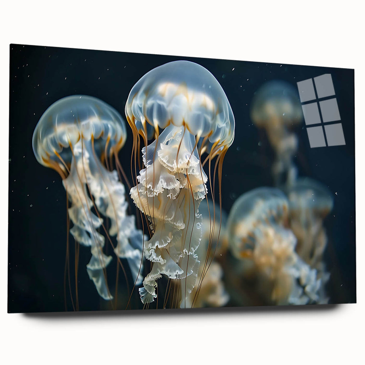 Vibrant marine life wall art featuring a stunning jellyfish design, displayed in sleek acrylic glass from a side view, perfect for enhancing aquatic-themed decor.