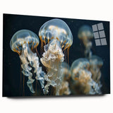 Vibrant marine life wall art featuring a stunning jellyfish design, displayed in sleek acrylic glass from a side view, perfect for enhancing aquatic-themed decor.