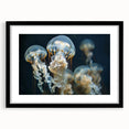 Framed wall art featuring a stunning jellyfish design in vibrant colors, set against a sleek black frame, ideal for marine life enthusiasts and modern decor.