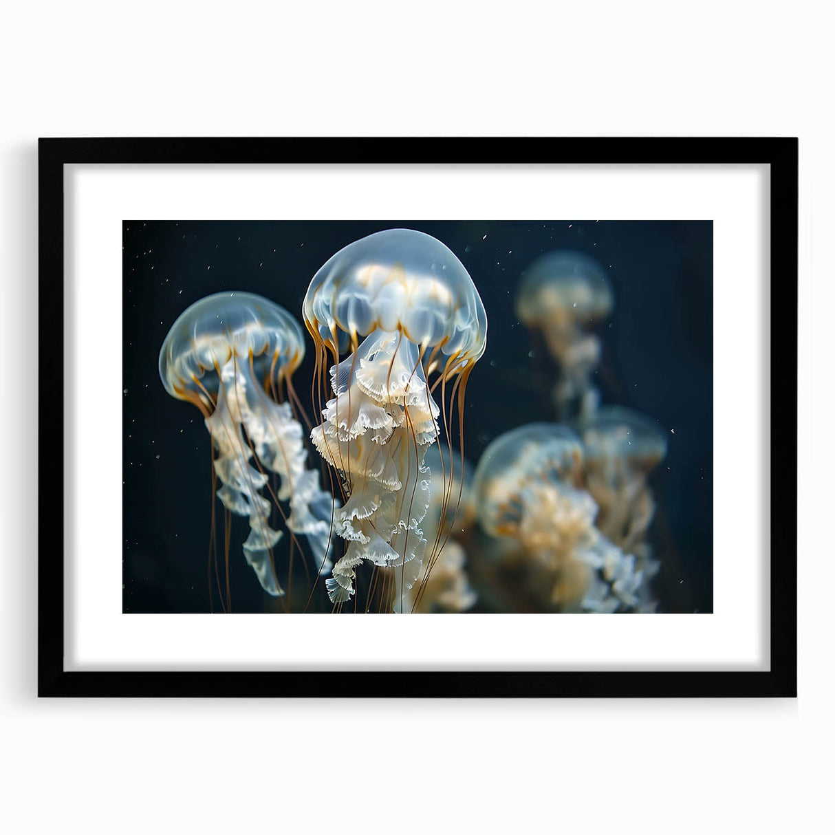 Framed wall art featuring a stunning jellyfish design in vibrant colors, set against a sleek black frame, ideal for marine life enthusiasts and modern decor.