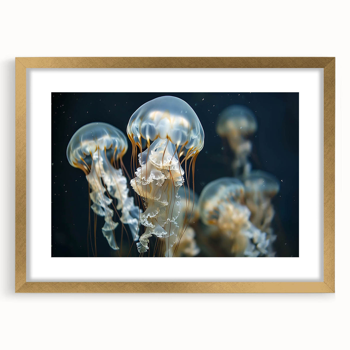 Elegant wall art featuring a gold-framed jellyfish design, showcasing vibrant colors and intricate details, perfect for marine life enthusiasts. Ideal for enhancing home decor with a touch of ocean-inspired elegance.