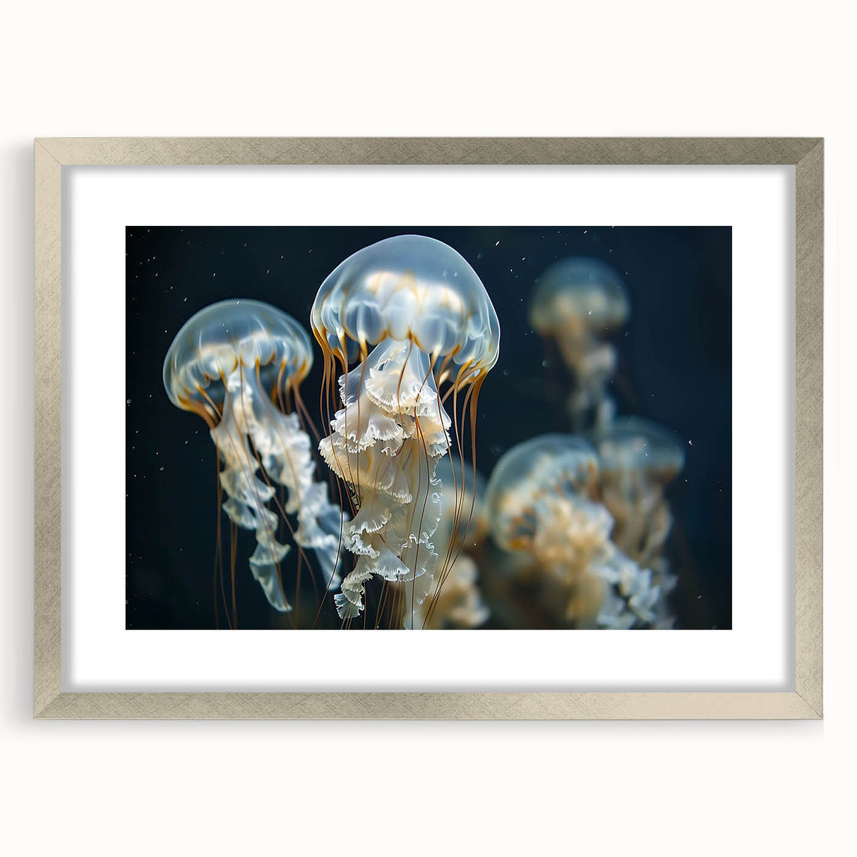 Framed wall art featuring a vibrant jellyfish design in a silver frame, showcasing intricate details and colors, perfect for marine life enthusiasts and modern decor.