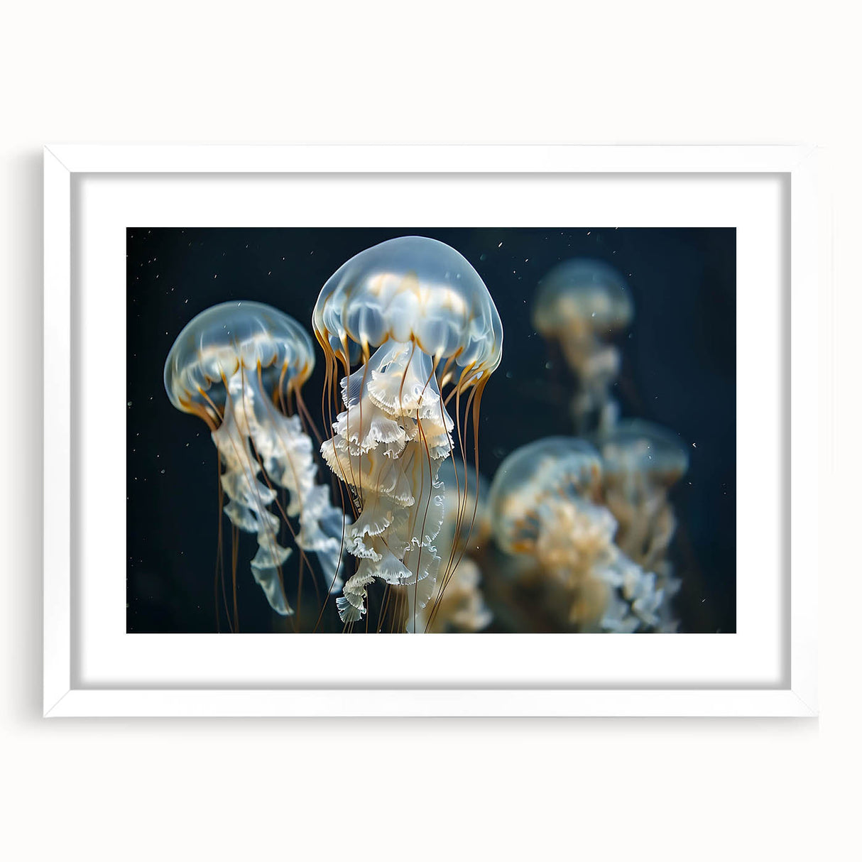 White-framed wall art print showcasing a vibrant jellyfish design with intricate details and soft colors, perfect for marine life enthusiasts and home decor.
