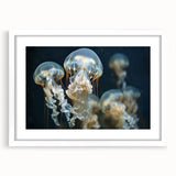 White-framed wall art print showcasing a vibrant jellyfish design with intricate details and soft colors, perfect for marine life enthusiasts and home decor.