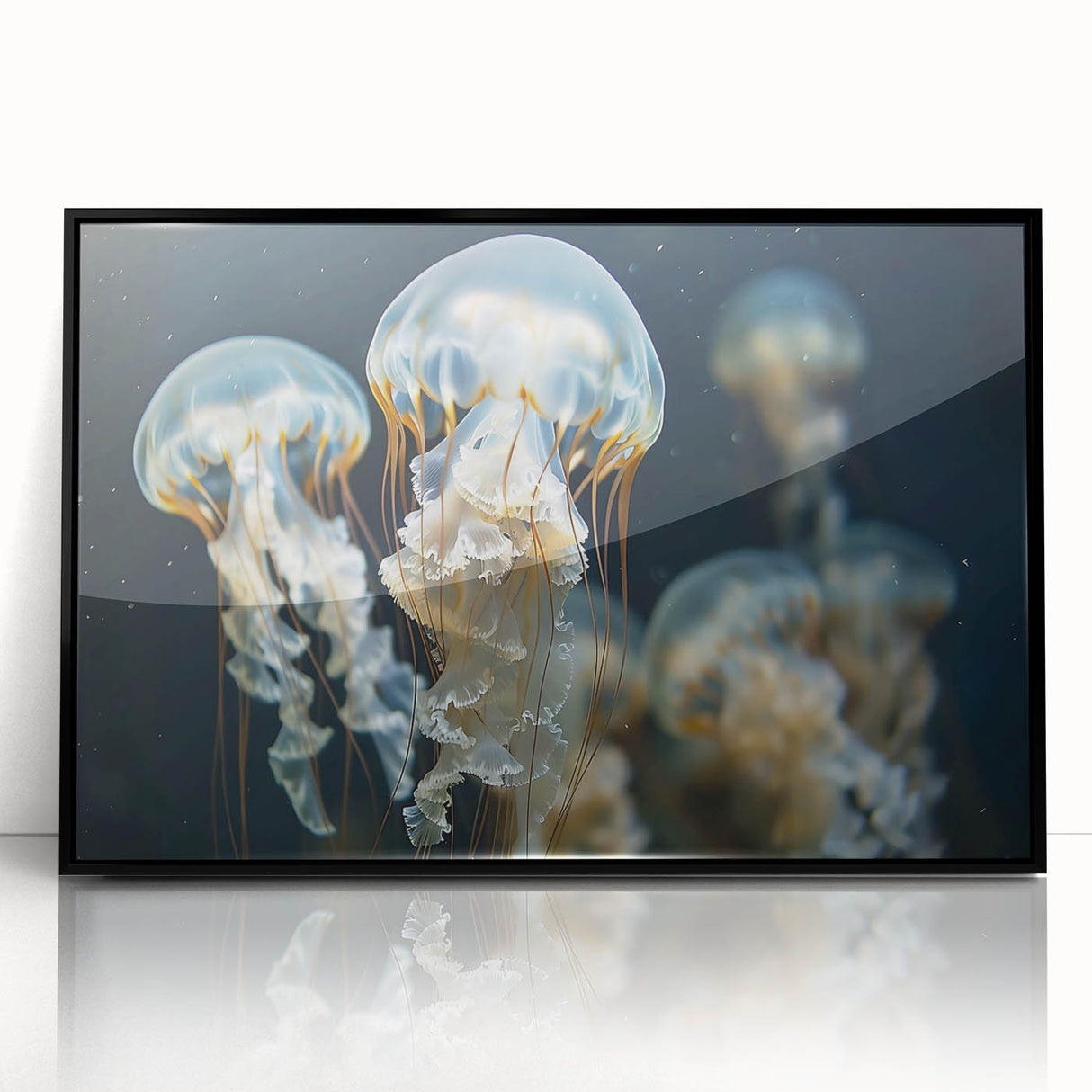 Framed wall art featuring a captivating jellyfish design in vibrant colors, showcasing marine life in an elegant black frame, perfect for ocean-themed decor.