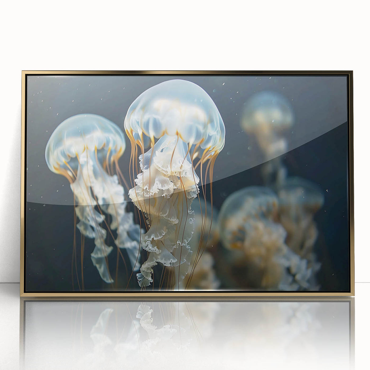 Framed wall art featuring a vibrant jellyfish design in shades of blue and gold, showcasing marine life elegance with a sleek acrylic front, perfect for aquatic-themed decor.