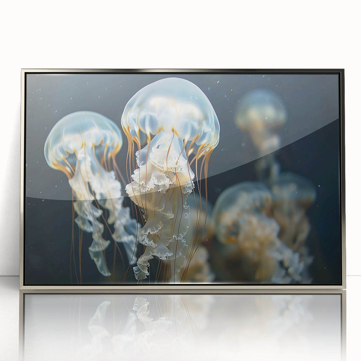 Framed wall art showcasing a vibrant jellyfish design in shades of blue and purple, encased in a sleek silver frame, perfect for marine-themed decor.