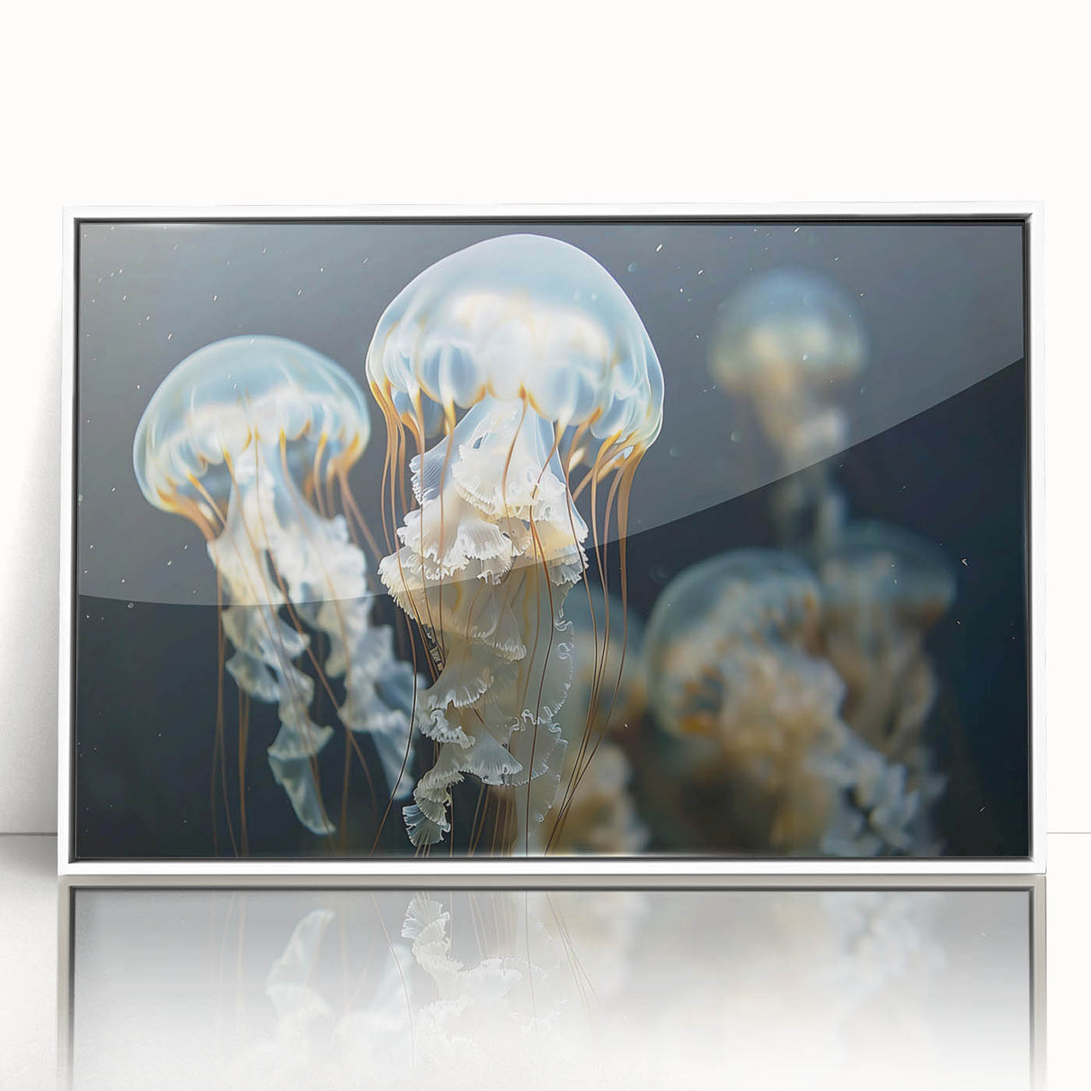Framed acrylic wall art showcasing a vibrant jellyfish design in oceanic colors, ideal for marine life enthusiasts and modern decor.
