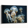 Framed canvas wall art showcasing a vibrant jellyfish design in shades of blue and purple, presented in a sleek black frame, perfect for marine-themed decor.