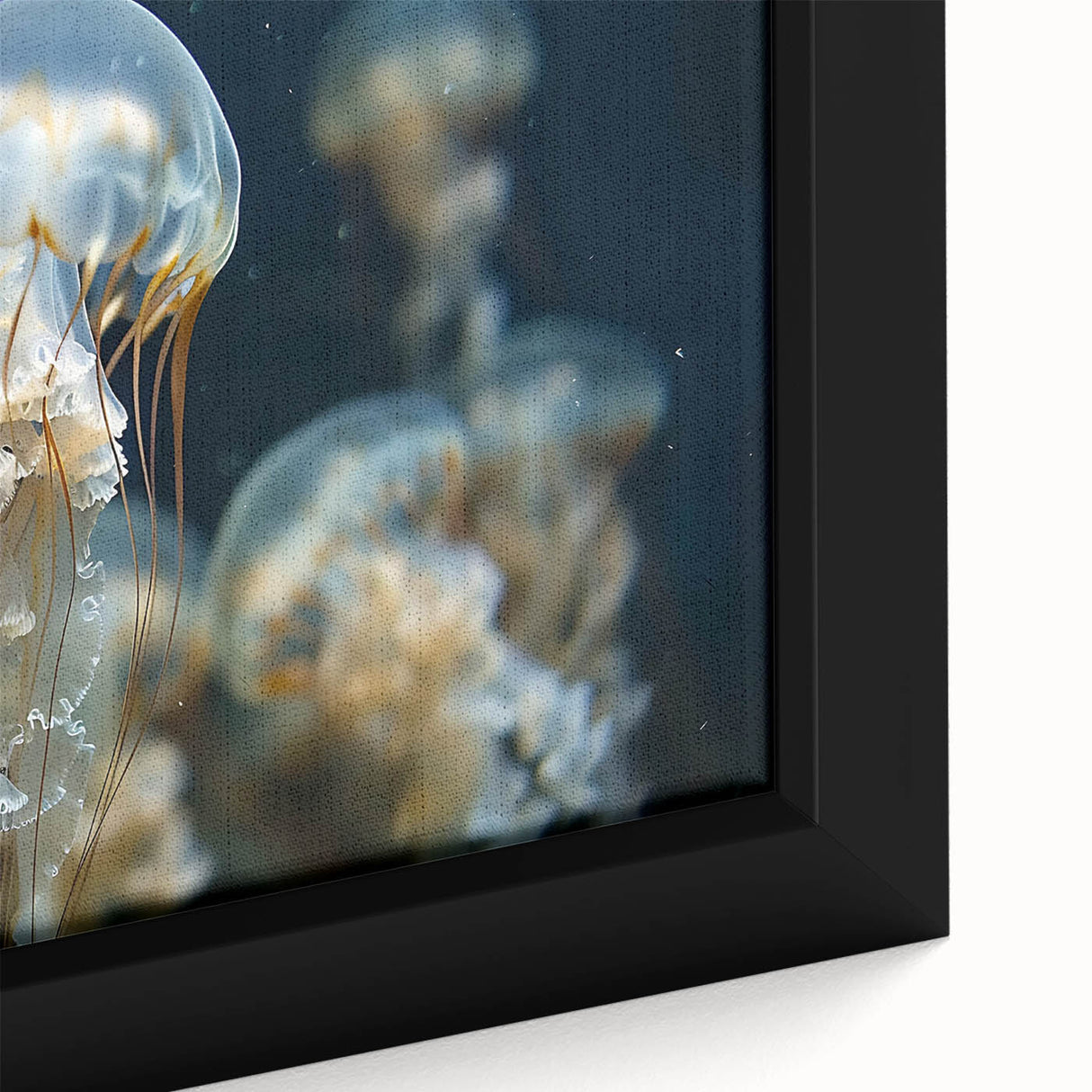 Close-up of a framed canvas wall art piece showcasing a vibrant jellyfish design, featuring intricate details and a blend of blue and purple colors, ideal for marine-themed decor.