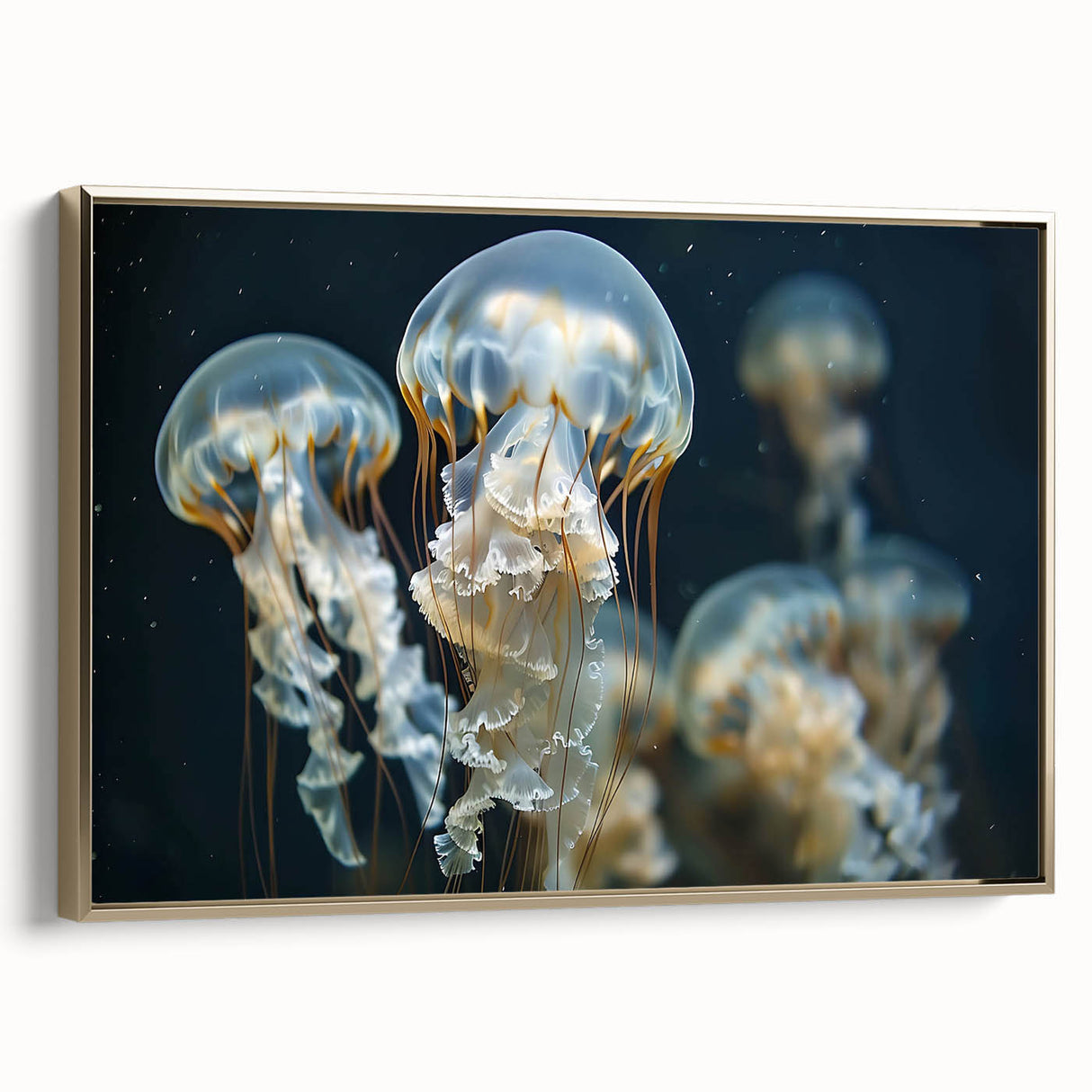 Framed canvas wall art showcasing a vibrant jellyfish design in shades of blue and gold, perfect for marine-themed decor, displayed from a side view.