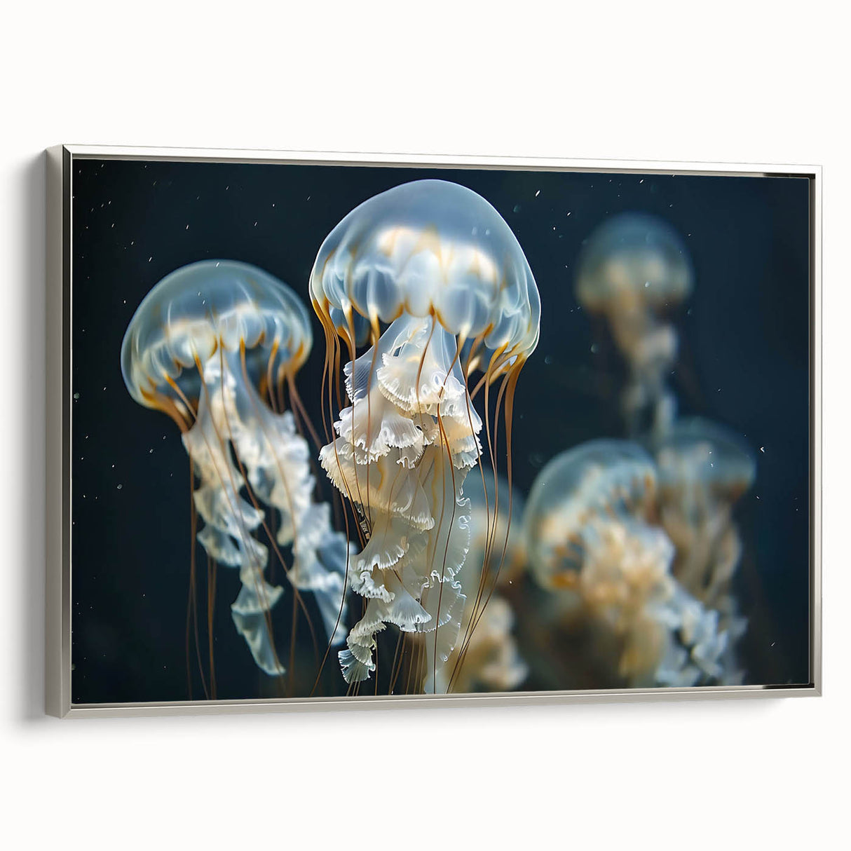 Framed wall art showcasing a vibrant jellyfish design in shades of blue and purple on a silver background, adding a serene marine life touch to any decor.