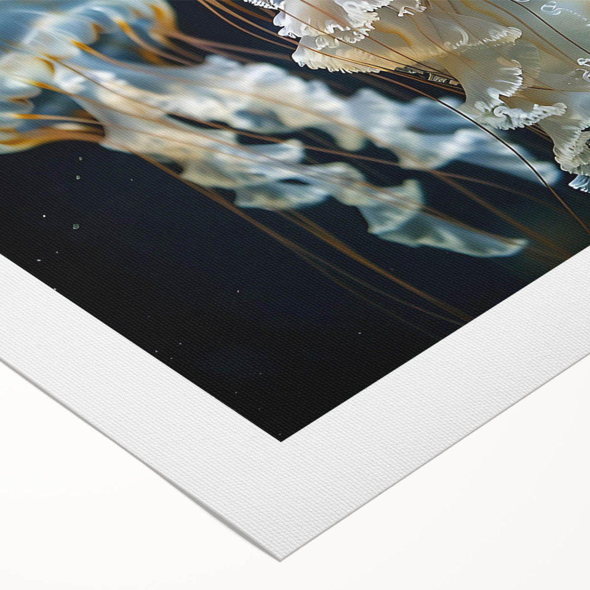 Vibrant jellyfish wall art design on rolled canvas, showcasing fluid, colorful marine life against a soft blue background, ideal for ocean-themed decor.