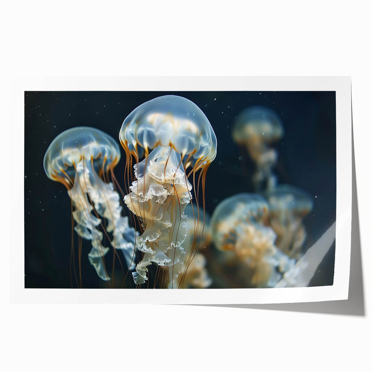Vibrant jellyfish wall art design showcasing colorful marine life, perfect for ocean-themed decor. The rolled print captures intricate details and textures.