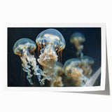Vibrant jellyfish wall art design showcasing colorful marine life, perfect for ocean-themed decor. The rolled print captures intricate details and textures.