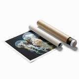 Vibrant jellyfish wall art print showcasing intricate marine life designs in blues and purples, rolled and ready for framing to enhance ocean-themed decor.