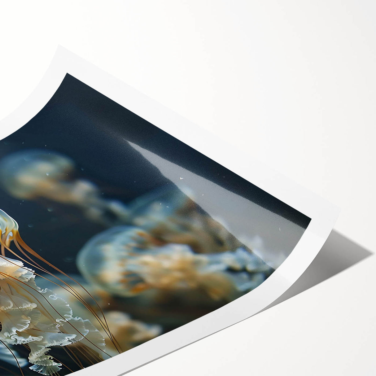 Colorful jellyfish design wall art print showcasing vibrant marine life details, perfect for ocean-themed decor. Ideal for enhancing interior aesthetics and creating a calming atmosphere.