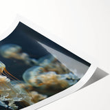 Colorful jellyfish design wall art print showcasing vibrant marine life details, perfect for ocean-themed decor. Ideal for enhancing interior aesthetics and creating a calming atmosphere.