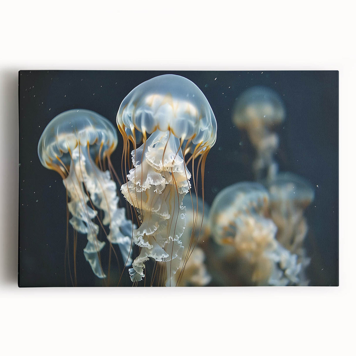 Vibrant stretched canvas wall art depicting a colorful jellyfish design, showcasing intricate details and fluid movement, perfect for marine life enthusiasts.