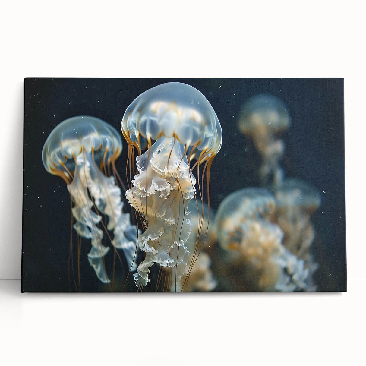 Stretched canvas wall art showcasing a vibrant jellyfish design, blending shades of blue and purple, perfect for marine-themed decor in contemporary settings.